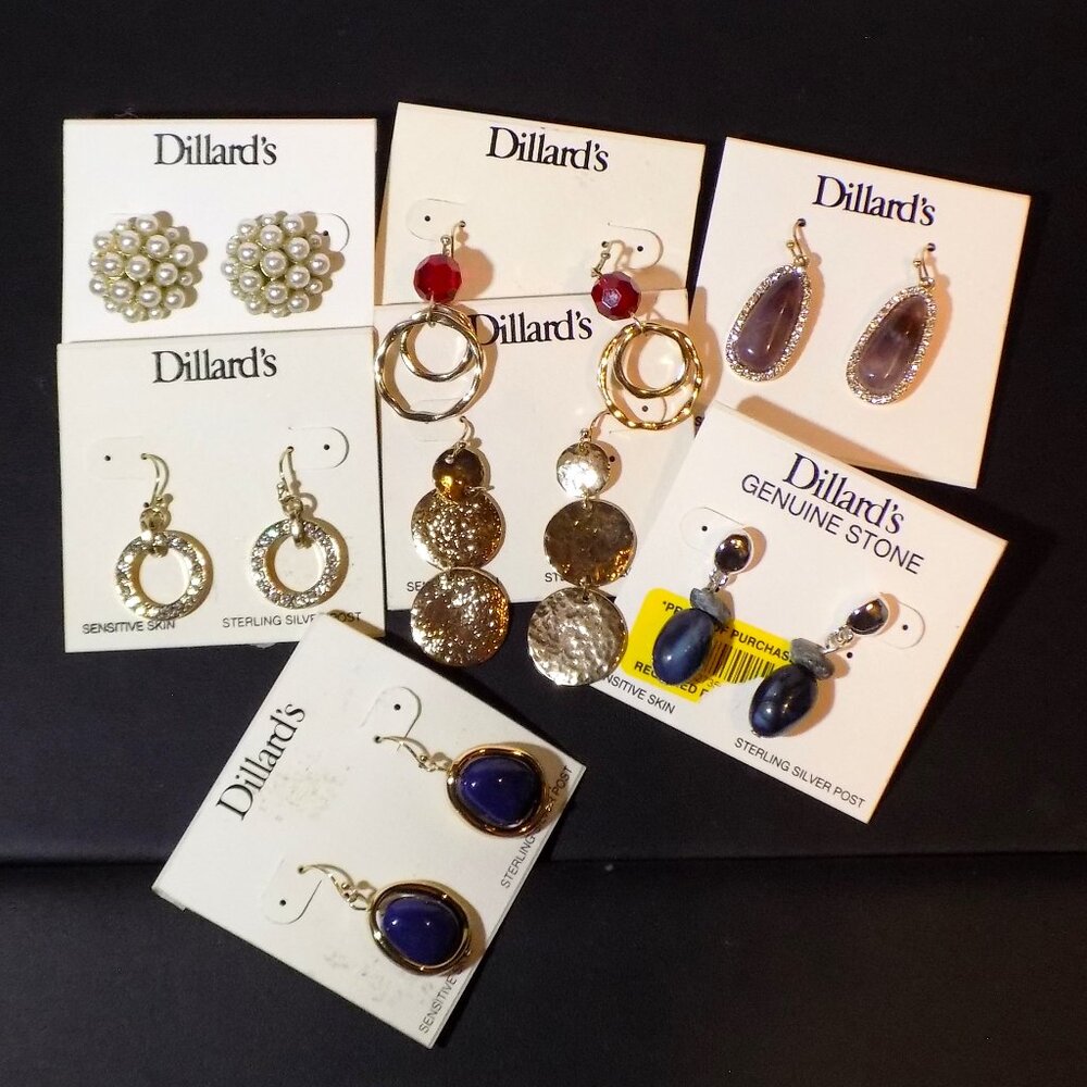 Lot of 7 New Pairs Dillard's Earrings Bundle.  Sterling Earwires, Genuine Stone